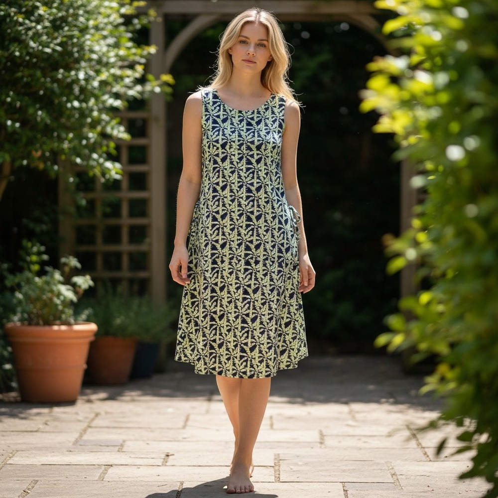 Lulu-B Womens XS Navy Lime Green Palm Leaf Print Sleeveless Shift Dress Tie Side